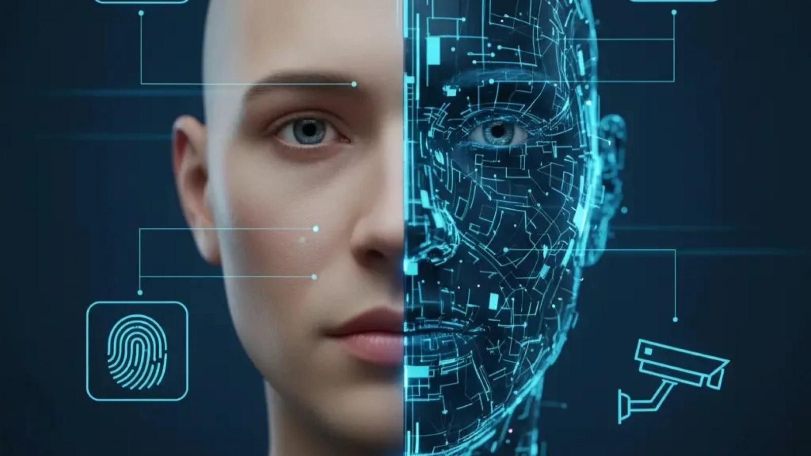 volto umano stilizzato metà reale e metà digitale