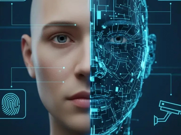 volto umano stilizzato metà reale e metà digitale